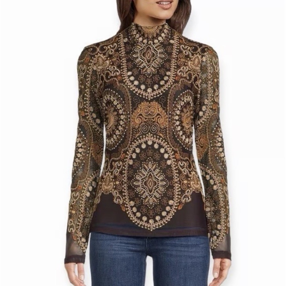 Johnny Was Jade M Loving Is Easy Mesh Embroidered Tee Top Brown High Neck